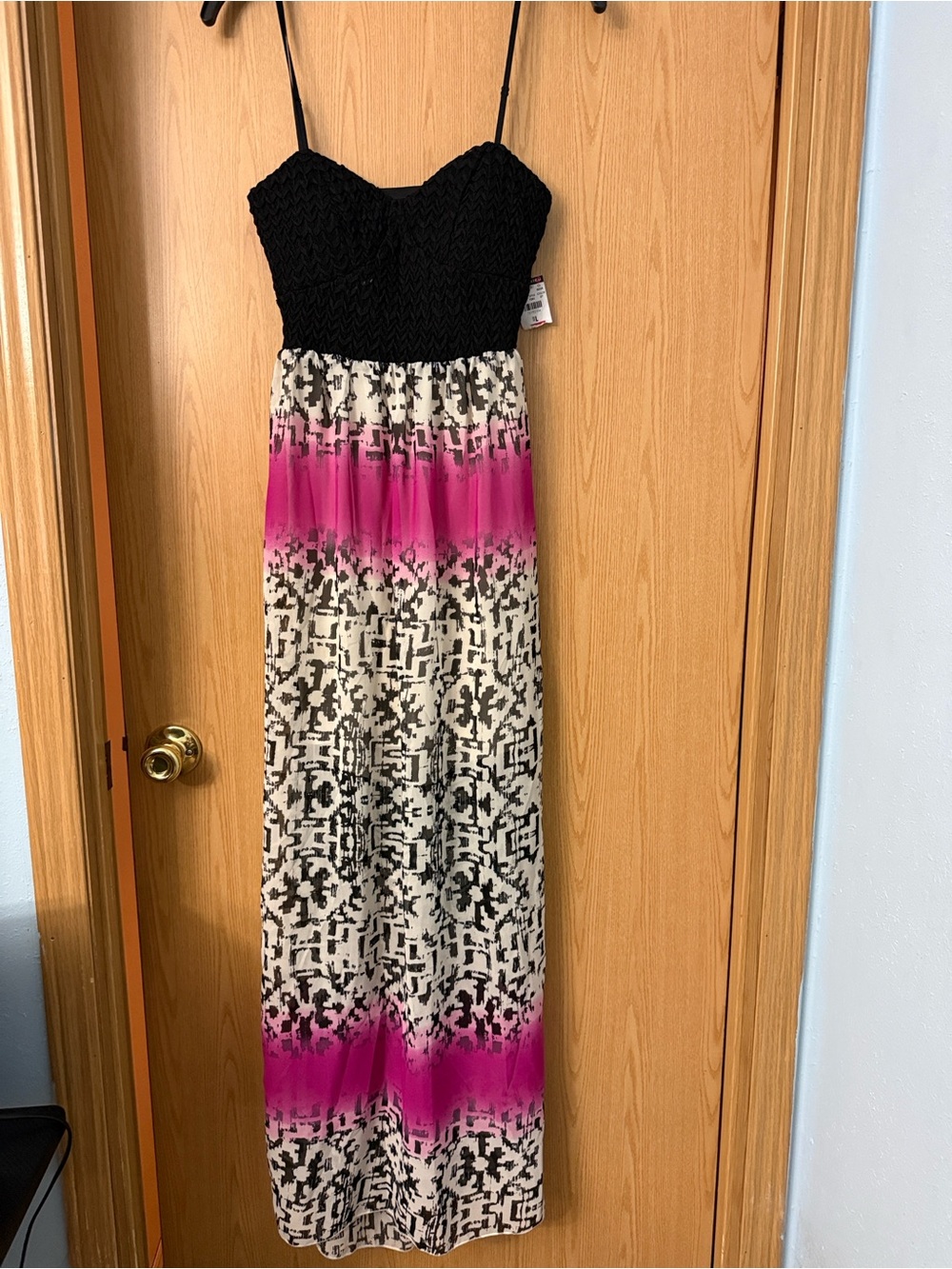 Body Central Black Top Maxi Dress with Pink and Cream Printed Skirt